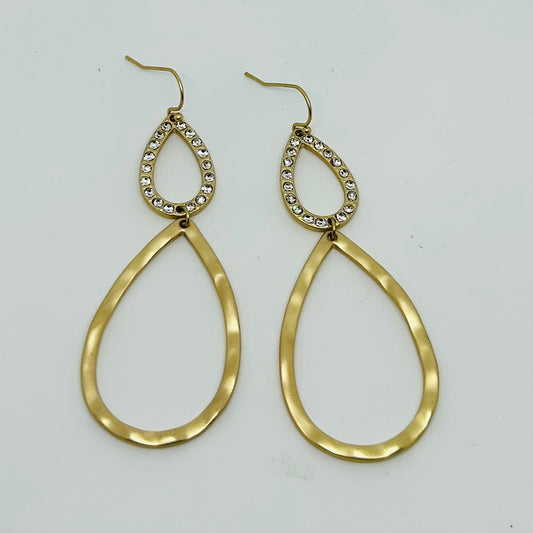 Crystal and Hammered Teardrop Earring - Gold