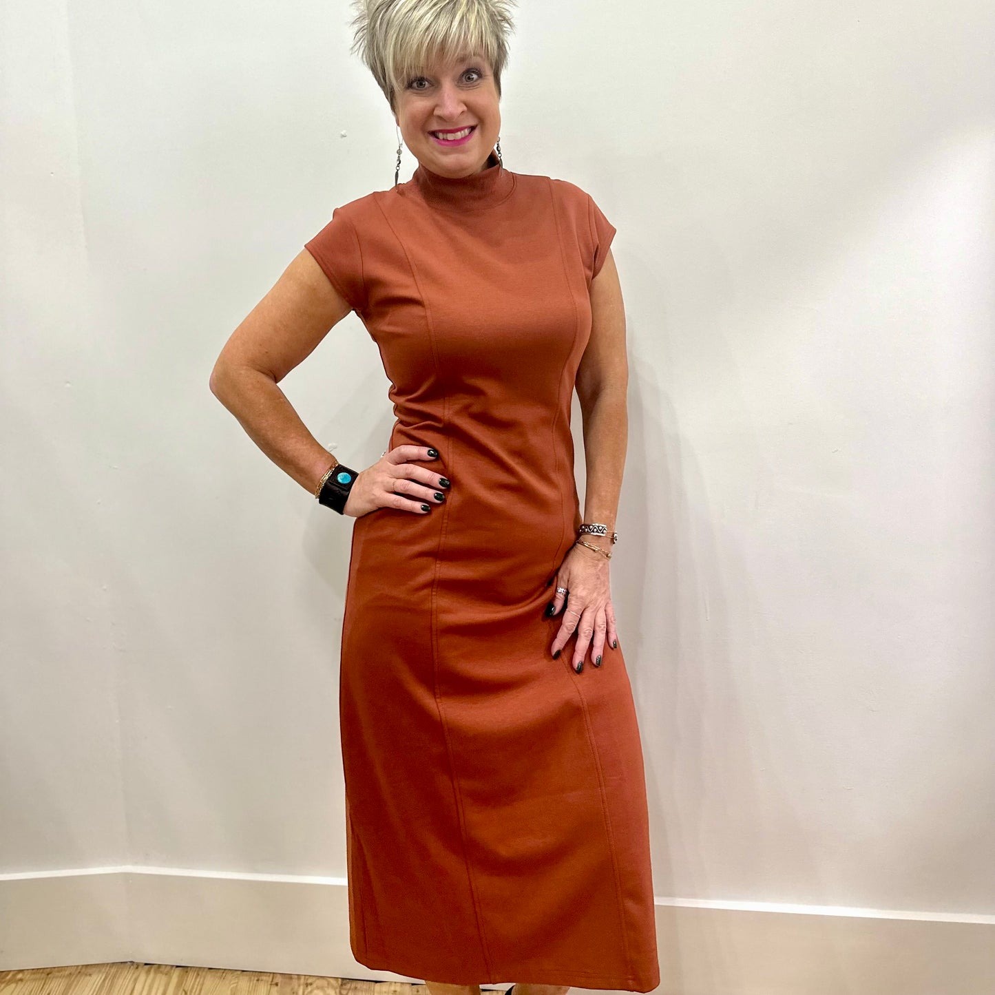 Perfect Mock Neck Dress- Chestnut